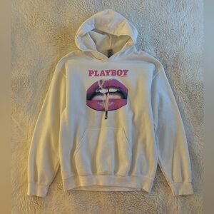 Playboy White and Pink Lip Graphic Print Hooded Sweatshirt Size Small